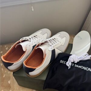 Beckett Simonon White Leather Sneakers with Navy Stripe and Tan Lining
